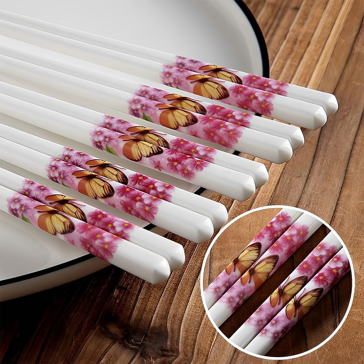 Ceramic Chopsticks Set of 5,Reusable,9.7-Inch,Pink Butterfly