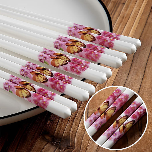 Ceramic Chopsticks Set of 5,Reusable,9.7-Inch,Pink Butterfly