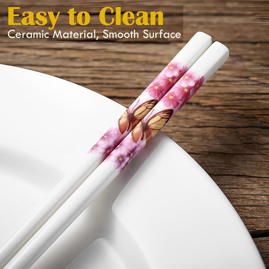 Ceramic Chopsticks Set of 5,Reusable,9.7-Inch,Pink Butterfly
