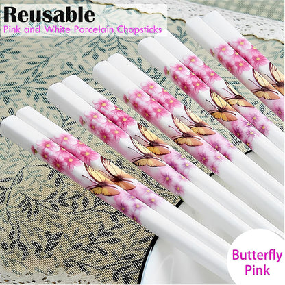 Ceramic Chopsticks Set of 5,Reusable,9.7-Inch,Pink Butterfly