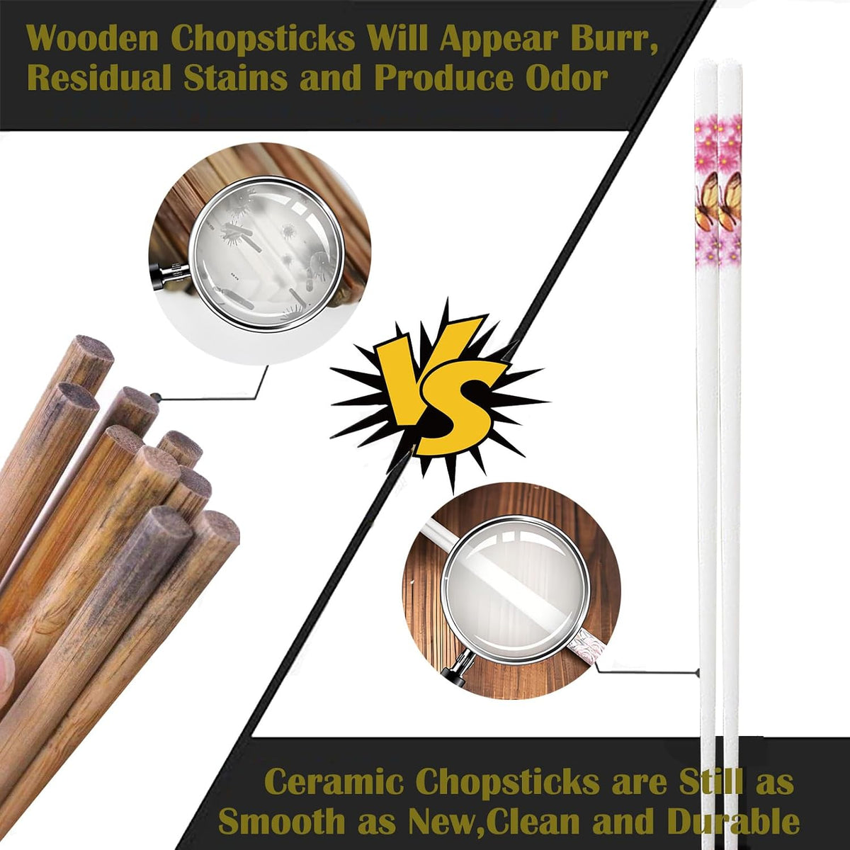 Ceramic Chopsticks Set of 5,Reusable,9.7-Inch,Pink Butterfly