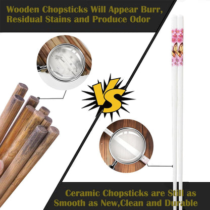 Ceramic Chopsticks Set of 5,Reusable,9.7-Inch,Pink Butterfly