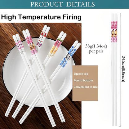 Ceramic Chopsticks Set of 5,Reusable,9.7-Inch,Pink Butterfly