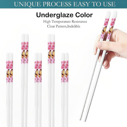 Ceramic Chopsticks Set of 5,Reusable,9.7-Inch,Pink Butterfly