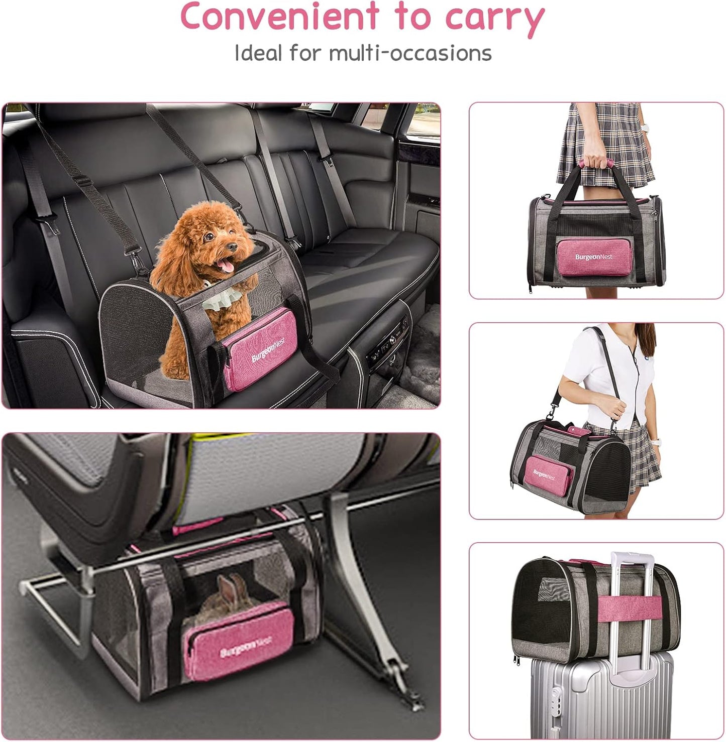 BurgeonNest Cat Carriers for Medium Puppy Under 25 lbs, Pet Carrier for Cats with Unique Side Bag,Top Load Small Pet Bag Soft-Sided Escape Proof with 4 Ventilated Windows