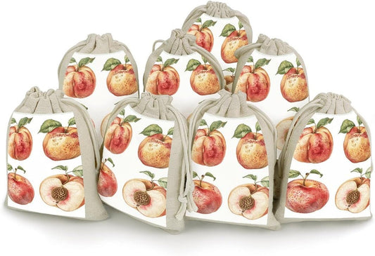 LPSADGF 8 PCS Four Peaches Pattern Drawstring Gift Bags Reusable Cotton Linen Storage Pouches for Christmas, Weddings, Parties, Favors 4.9"x6.7" Small Burlap Bags
