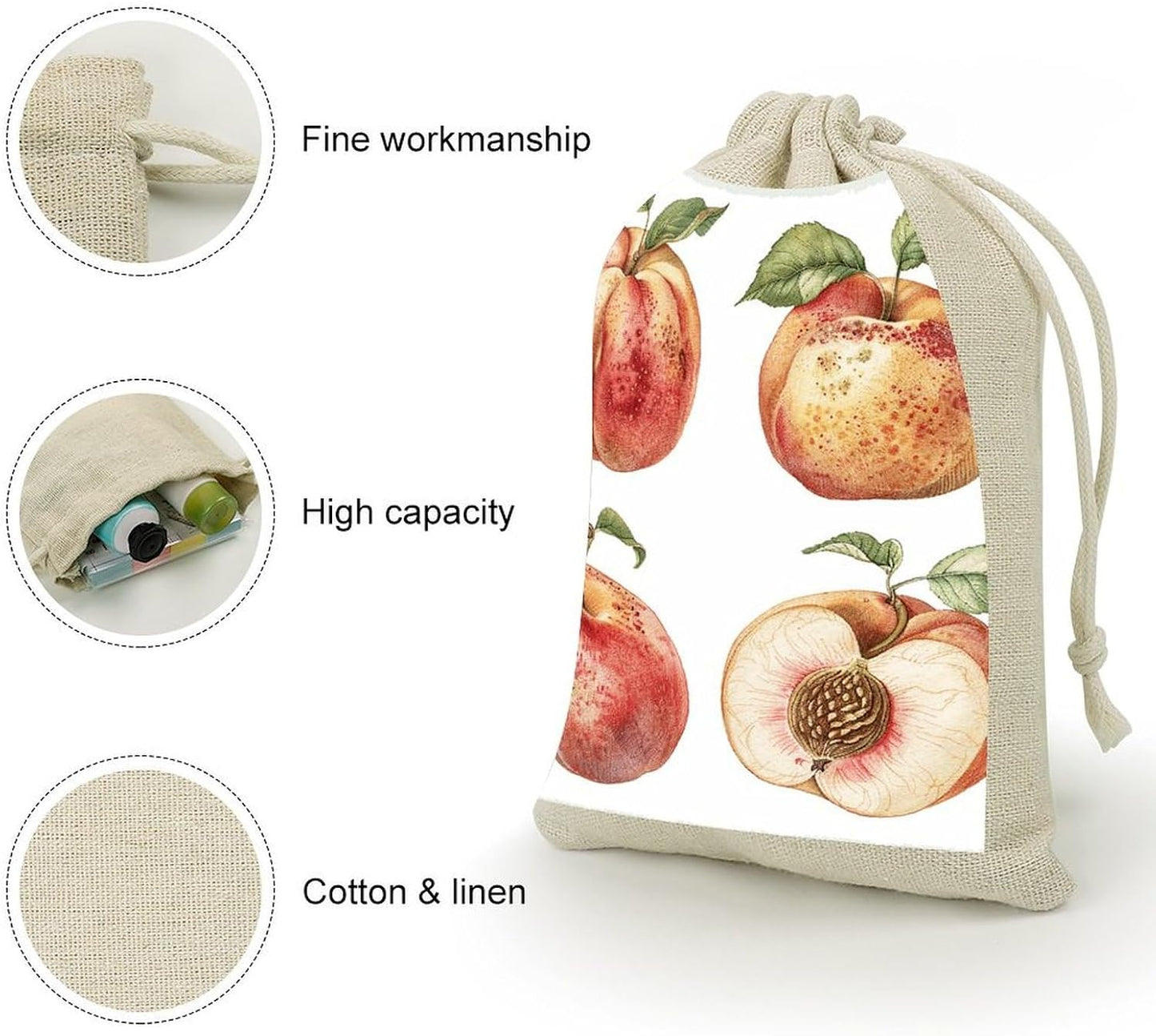 LPSADGF 8 PCS Four Peaches Pattern Drawstring Gift Bags Reusable Cotton Linen Storage Pouches for Christmas, Weddings, Parties, Favors 4.9"x6.7" Small Burlap Bags