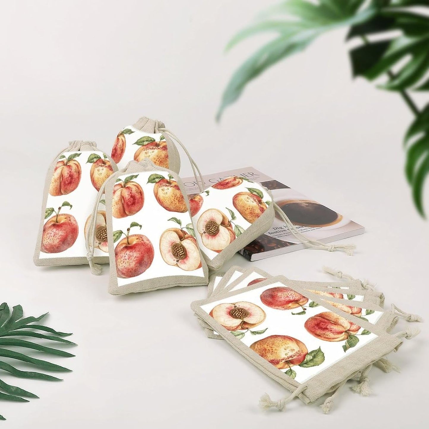 LPSADGF 8 PCS Four Peaches Pattern Drawstring Gift Bags Reusable Cotton Linen Storage Pouches for Christmas, Weddings, Parties, Favors 4.9"x6.7" Small Burlap Bags
