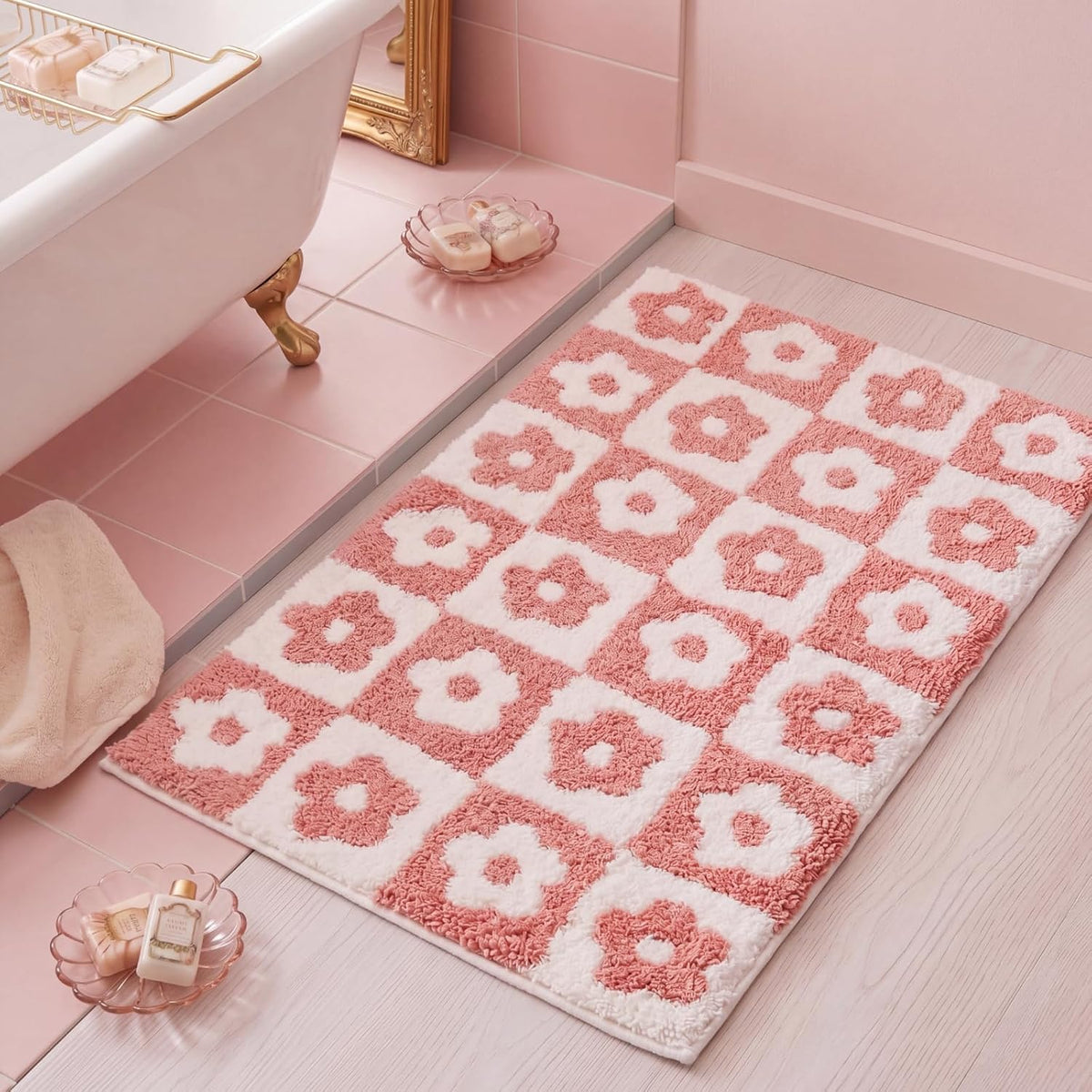 Checkered Bathroom Rugs 20 x 32 Inches Soft Absorbent Microfiber Bath Mat Non-Slip Flower Cute Bathmat for Bathroom Bedroom Living Room (Pink)