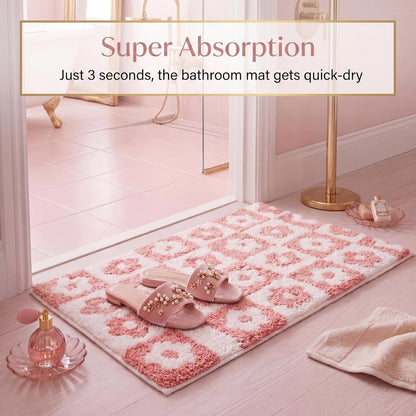 Checkered Bathroom Rugs 20 x 32 Inches Soft Absorbent Microfiber Bath Mat Non-Slip Flower Cute Bathmat for Bathroom Bedroom Living Room (Pink)