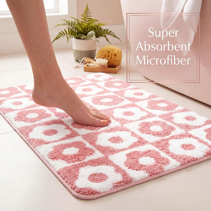 Checkered Bathroom Rugs 20 x 32 Inches Soft Absorbent Microfiber Bath Mat Non-Slip Flower Cute Bathmat for Bathroom Bedroom Living Room (Pink)