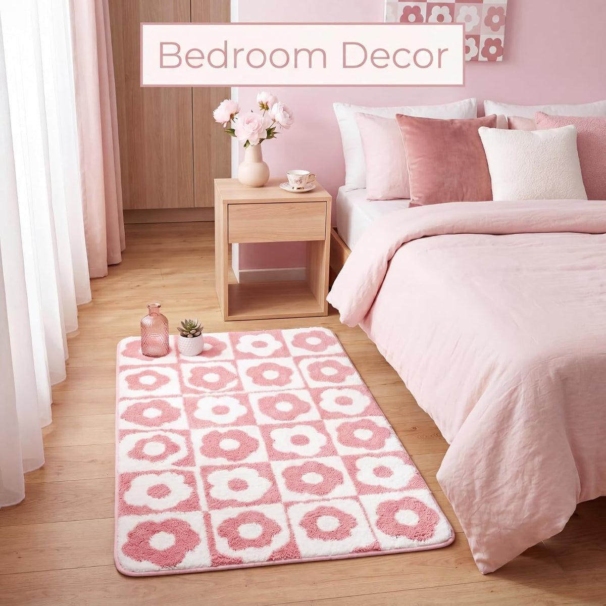 Checkered Bathroom Rugs 20 x 32 Inches Soft Absorbent Microfiber Bath Mat Non-Slip Flower Cute Bathmat for Bathroom Bedroom Living Room (Pink)