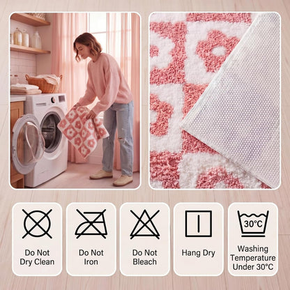 Checkered Bathroom Rugs 20 x 32 Inches Soft Absorbent Microfiber Bath Mat Non-Slip Flower Cute Bathmat for Bathroom Bedroom Living Room (Pink)