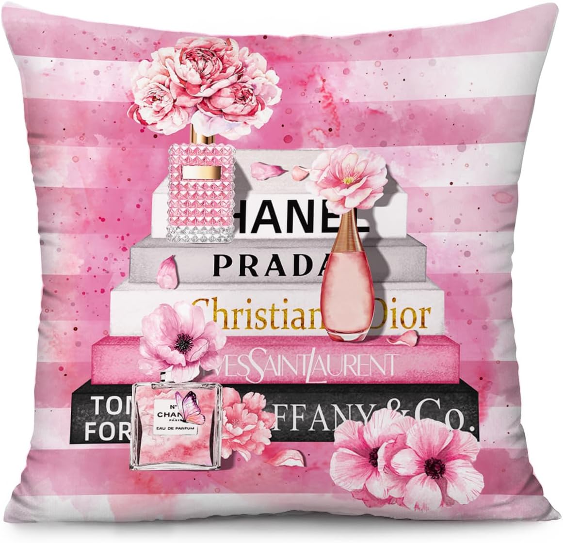Pink Throw Pillow Covers 18x18 Inch Fashion Floral Perfume Striped Decorative Pillow Cases for Women Girls Couch Bed Bedroom Decor Square Throw Pillow Cover