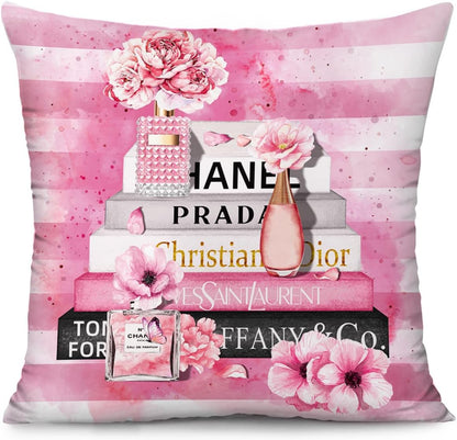 Pink Throw Pillow Covers 18x18 Inch Fashion Floral Perfume Striped Decorative Pillow Cases for Women Girls Couch Bed Bedroom Decor Square Throw Pillow Cover
