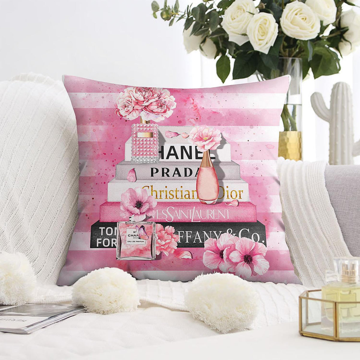 Pink Throw Pillow Covers 18x18 Inch Fashion Floral Perfume Striped Decorative Pillow Cases for Women Girls Couch Bed Bedroom Decor Square Throw Pillow Cover