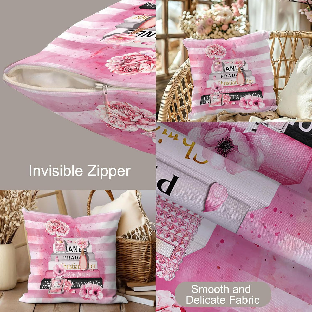 Pink Throw Pillow Covers 18x18 Inch Fashion Floral Perfume Striped Decorative Pillow Cases for Women Girls Couch Bed Bedroom Decor Square Throw Pillow Cover