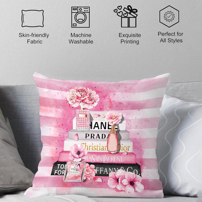 Pink Throw Pillow Covers 18x18 Inch Fashion Floral Perfume Striped Decorative Pillow Cases for Women Girls Couch Bed Bedroom Decor Square Throw Pillow Cover