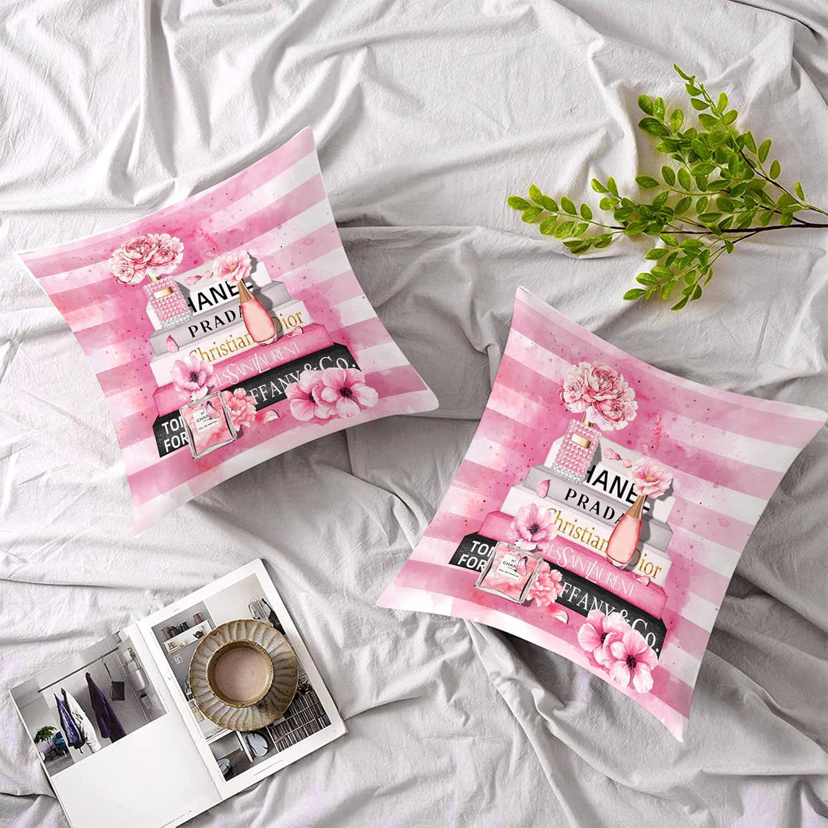 Pink Throw Pillow Covers 18x18 Inch Fashion Floral Perfume Striped Decorative Pillow Cases for Women Girls Couch Bed Bedroom Decor Square Throw Pillow Cover