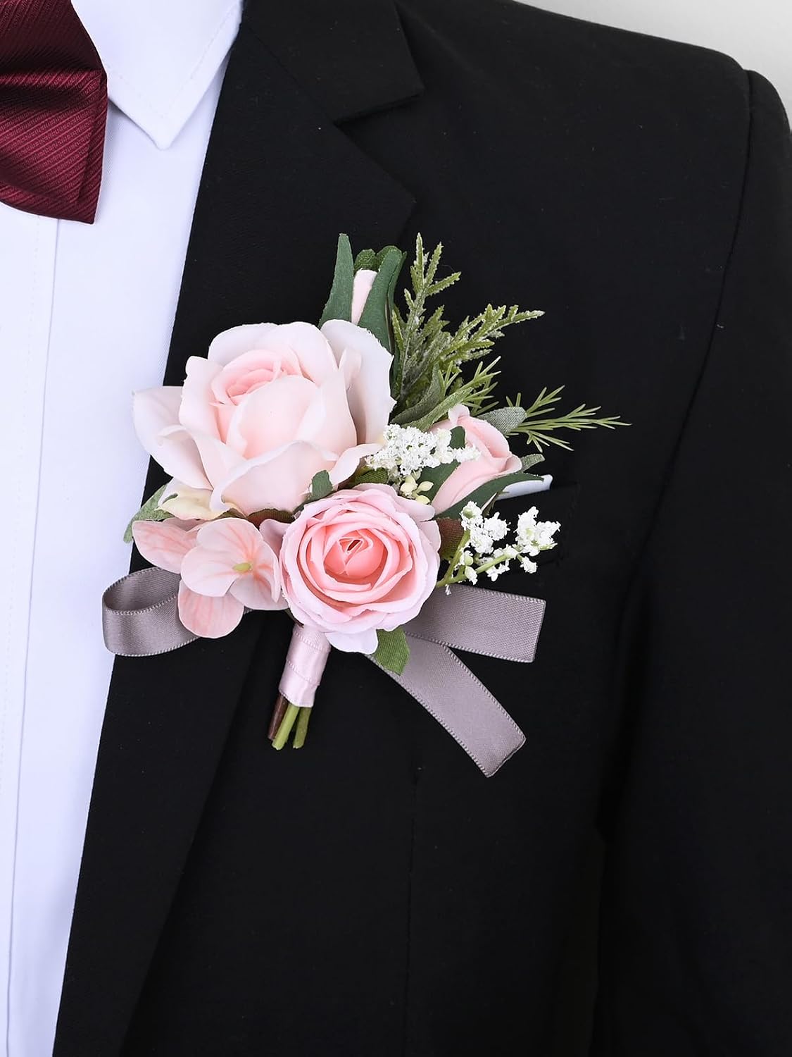 Artificial Rose Corsage Boutonniere Set, Pink, 2 Pieces (Q-D)