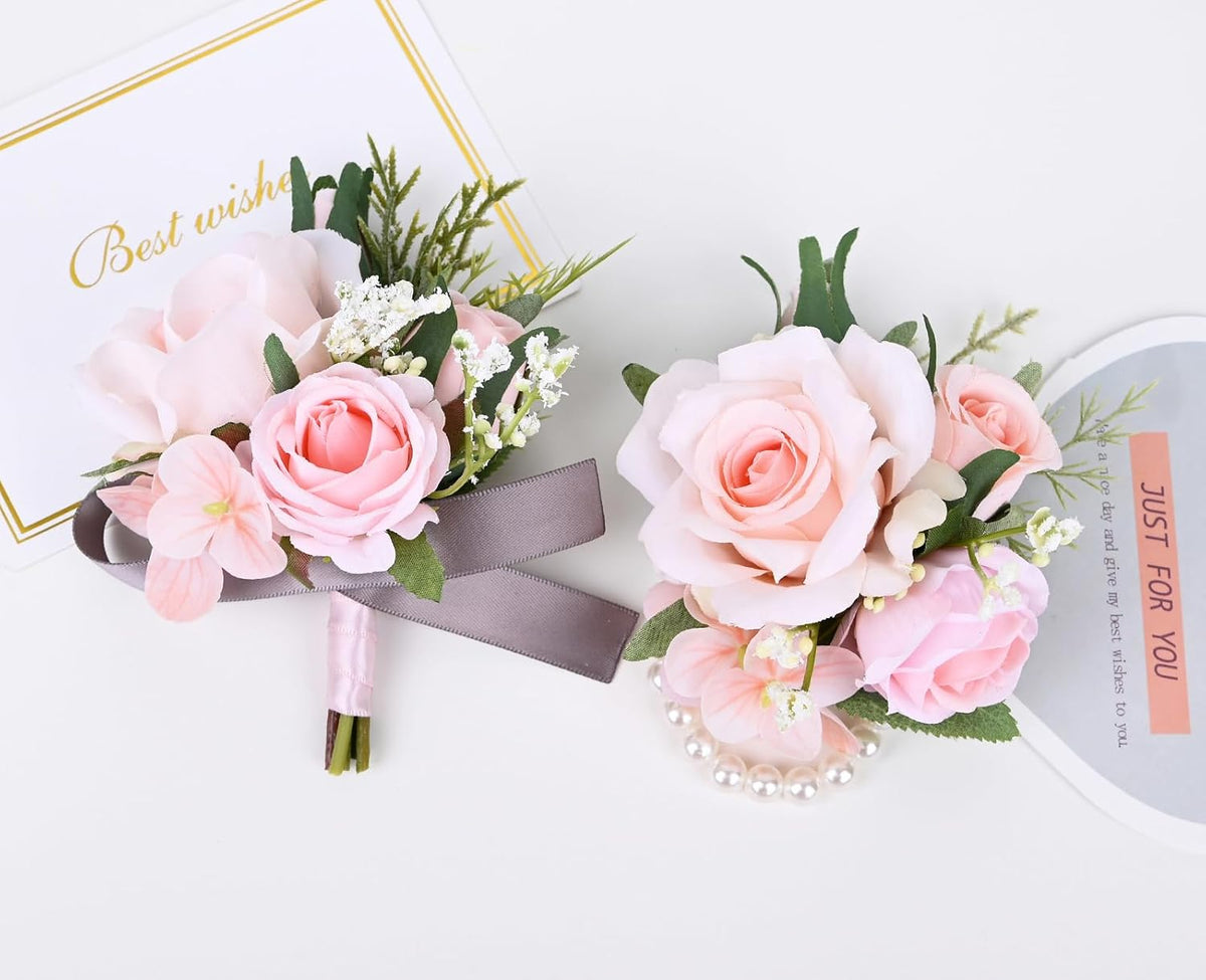 Artificial Rose Corsage Boutonniere Set, Pink, 2 Pieces (Q-D)