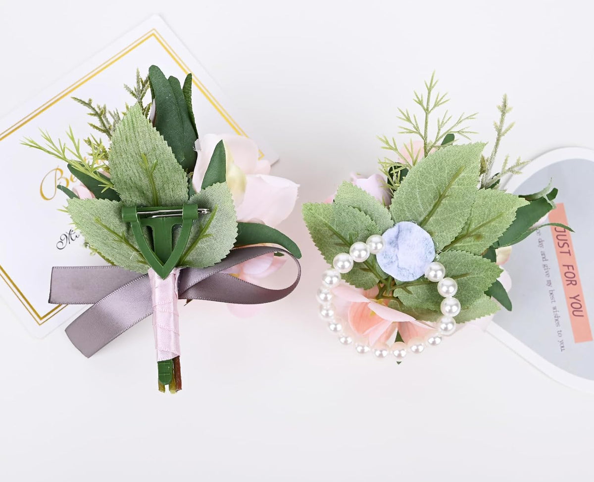 Artificial Rose Corsage Boutonniere Set, Pink, 2 Pieces (Q-D)