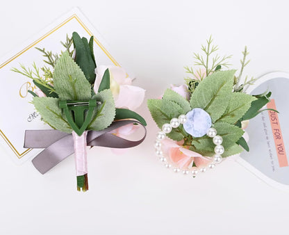 Artificial Rose Corsage Boutonniere Set, Pink, 2 Pieces (Q-D)