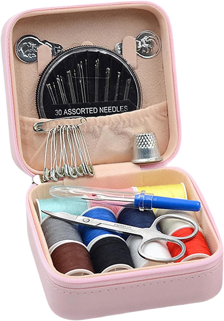 Travel Sewing Kit for Adults Beginners, Portable Mini Sew Kit Leather Box with Thimbles, Needle and Thread, Basic Hand Home Starter Sewing Supplies Accessories for Emergency Mending, Pink