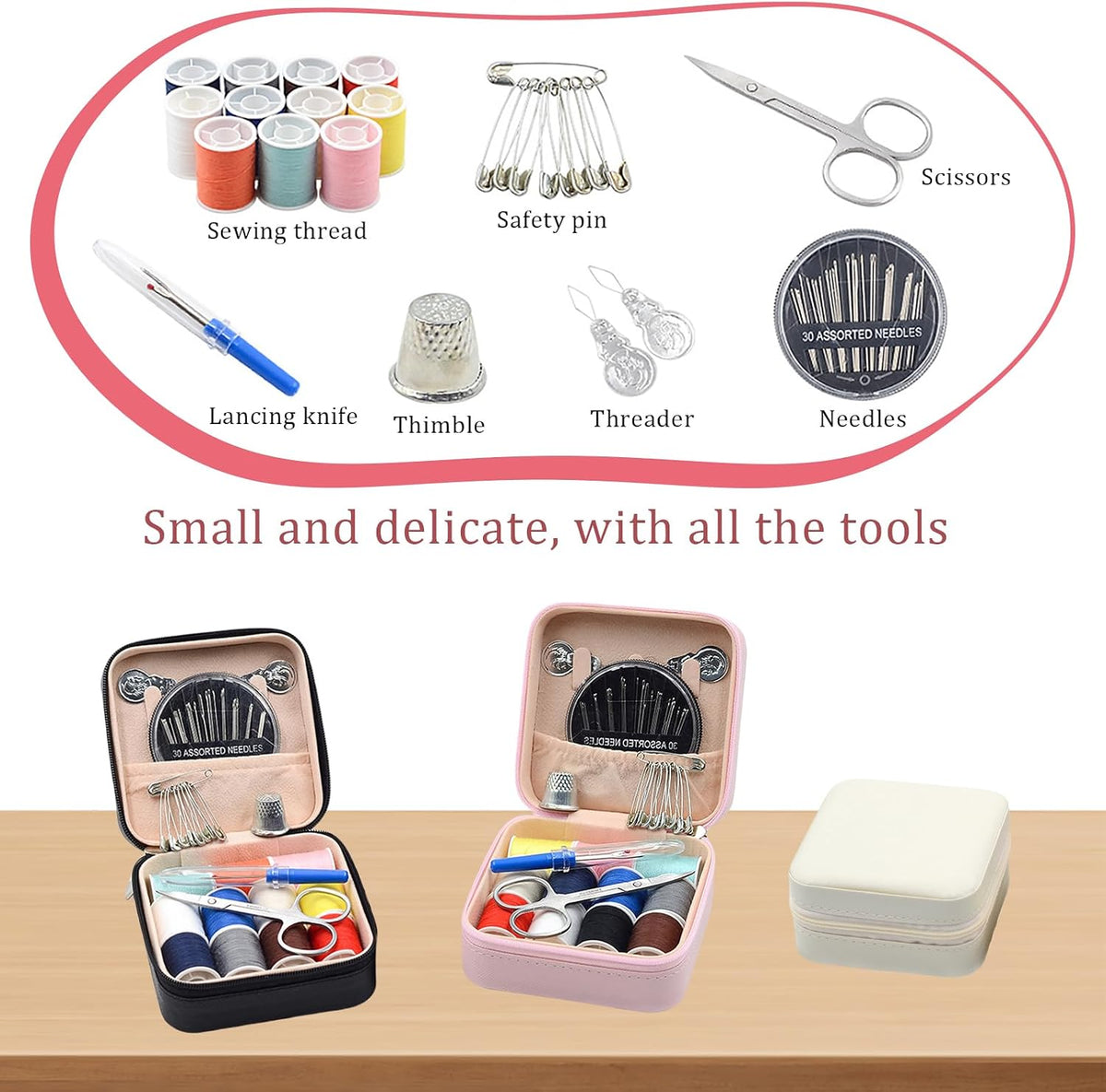 Travel Sewing Kit for Adults Beginners, Portable Mini Sew Kit Leather Box with Thimbles, Needle and Thread, Basic Hand Home Starter Sewing Supplies Accessories for Emergency Mending, Pink