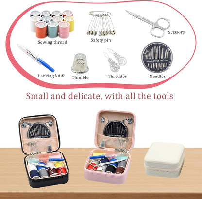 Travel Sewing Kit for Adults Beginners, Portable Mini Sew Kit Leather Box with Thimbles, Needle and Thread, Basic Hand Home Starter Sewing Supplies Accessories for Emergency Mending, Pink