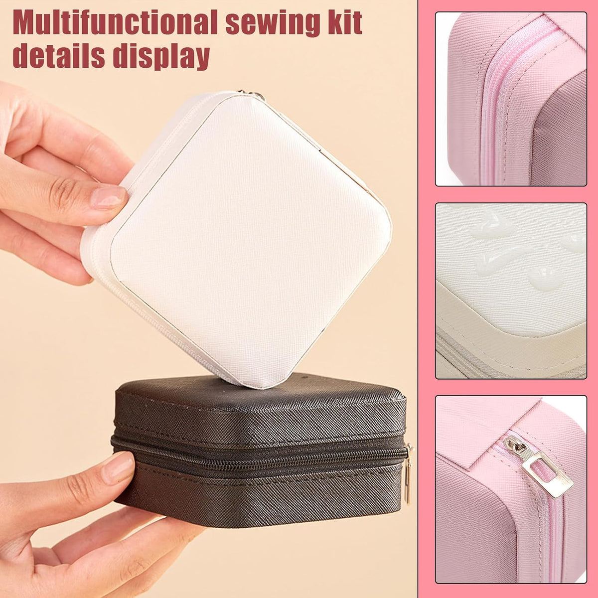 Travel Sewing Kit for Adults Beginners, Portable Mini Sew Kit Leather Box with Thimbles, Needle and Thread, Basic Hand Home Starter Sewing Supplies Accessories for Emergency Mending, Pink
