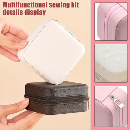 Travel Sewing Kit for Adults Beginners, Portable Mini Sew Kit Leather Box with Thimbles, Needle and Thread, Basic Hand Home Starter Sewing Supplies Accessories for Emergency Mending, Pink
