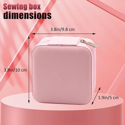 Travel Sewing Kit for Adults Beginners, Portable Mini Sew Kit Leather Box with Thimbles, Needle and Thread, Basic Hand Home Starter Sewing Supplies Accessories for Emergency Mending, Pink