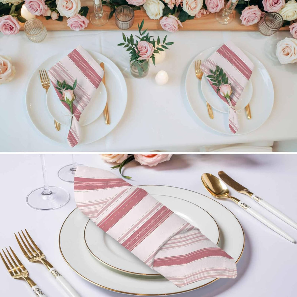 Pink Stripes Cloth Napkins Set of 6, Holiday Napkins for Baby Shower, Modern Minimalist Lines Pattern Washable Reusable Dinner Napkin for Cocktail Wedding Party, 20 x 20 Inch