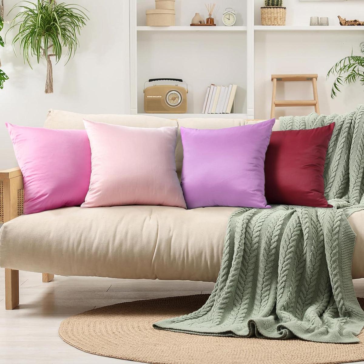 4 Pack Silky Satin Throw Pillow Covers 18x18 Inch Dark Pink