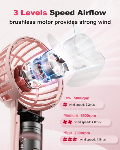 Mini Handheld Fan, Small Cute Design, 3 Powerful Speeds, USB Rechargeable Battery Operated, Personal Portable Fan with Base & Lanyard, for Eyelash Makeup Travel Beach Office Desk, Pink
