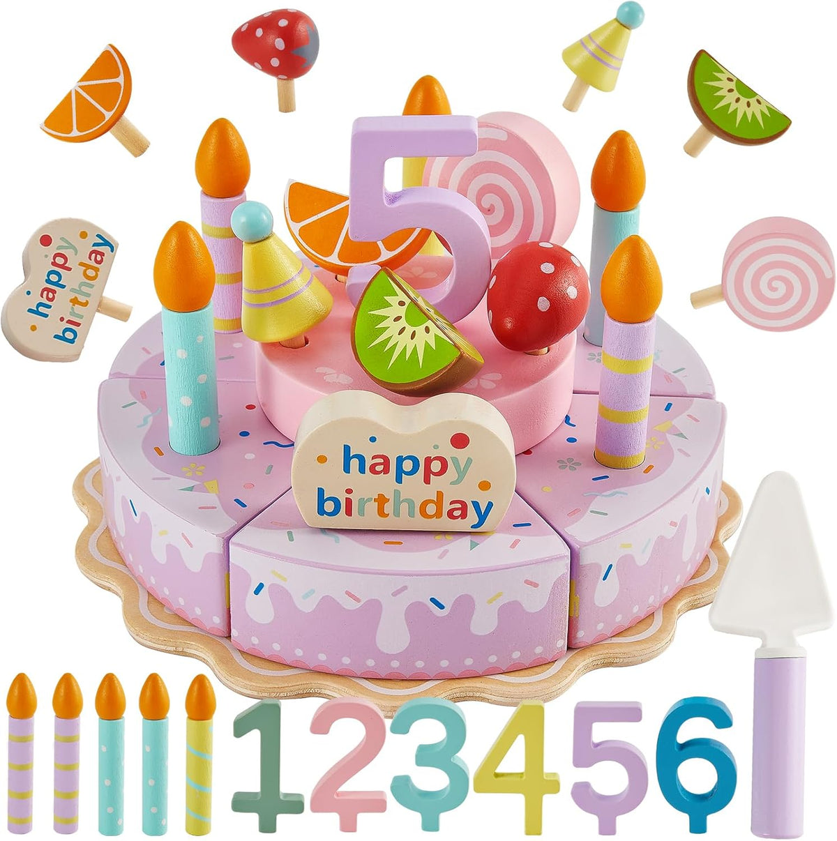 Wooden Birthday Fake Cake Toy Pretend Play Food for Toddlers 3-5