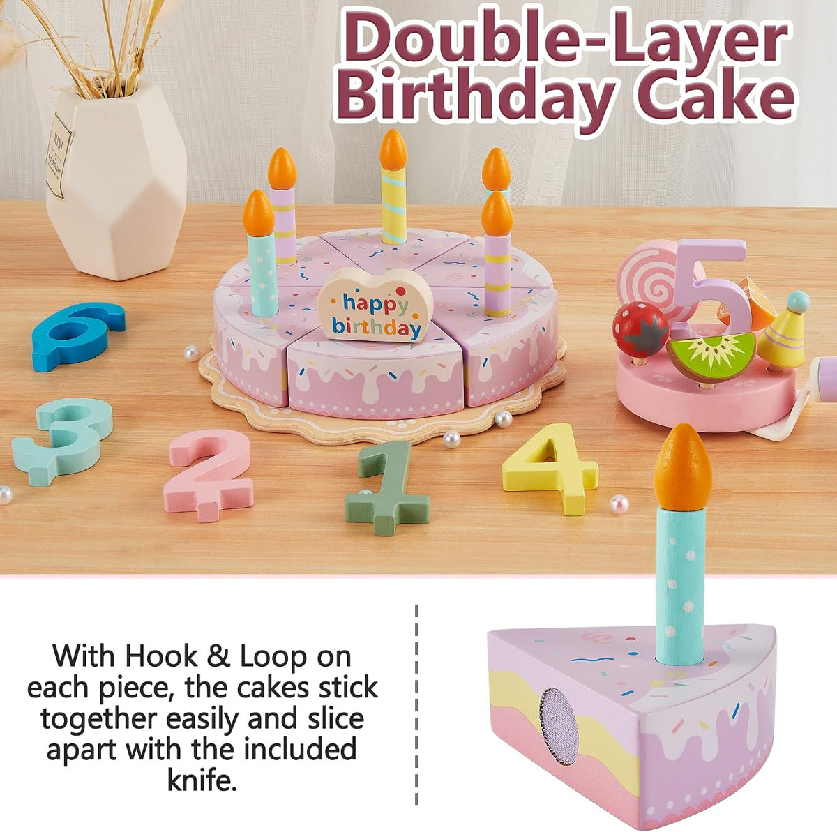 Wooden Birthday Fake Cake Toy Pretend Play Food for Toddlers 3-5