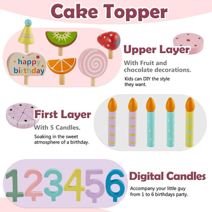 Wooden Birthday Fake Cake Toy Pretend Play Food for Toddlers 3-5