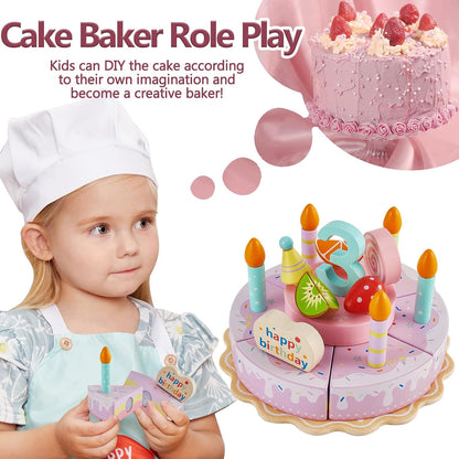 Wooden Birthday Fake Cake Toy Pretend Play Food for Toddlers 3-5