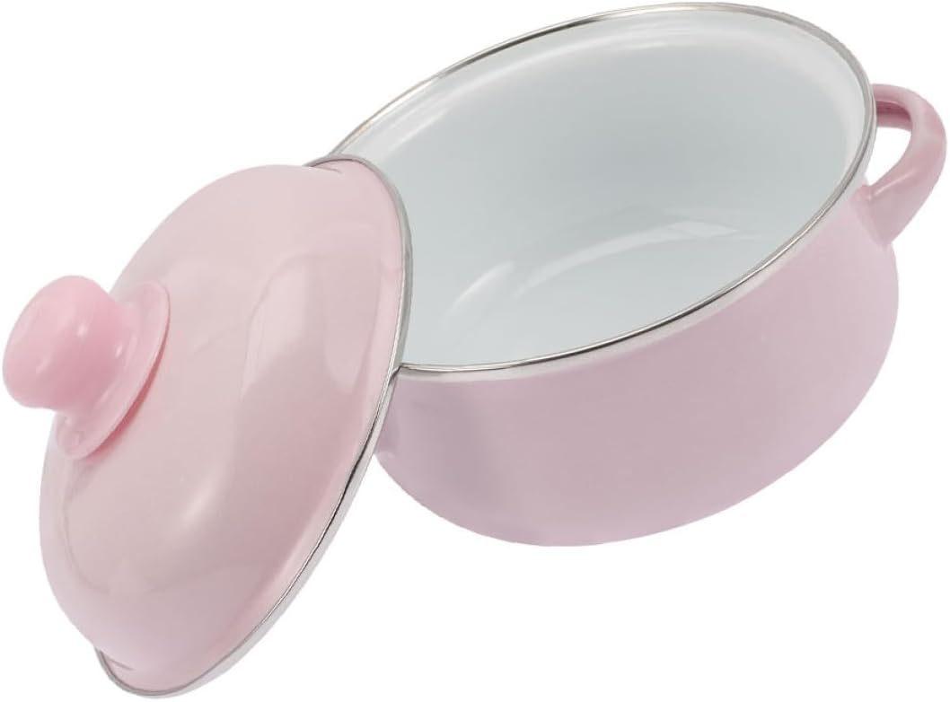 Enamel Stockpot with Lid 1.7l Thickened Traditional Nonstick Soup Pot Double Handles Retro Pink Cooking Pot for Stews and Soups Suitable for Stovetop Use