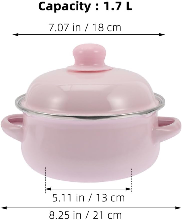 Enamel Stockpot with Lid 1.7l Thickened Traditional Nonstick Soup Pot Double Handles Retro Pink Cooking Pot for Stews and Soups Suitable for Stovetop Use