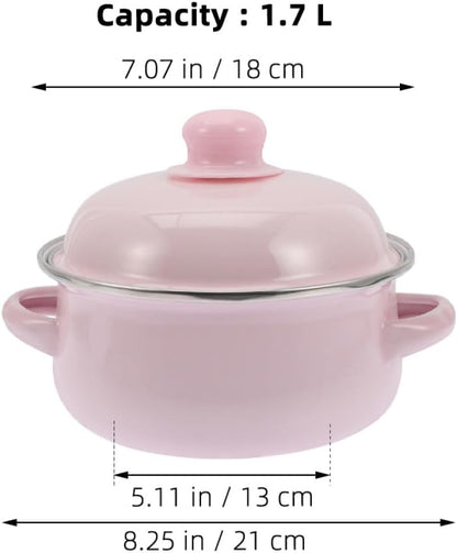Enamel Stockpot with Lid 1.7l Thickened Traditional Nonstick Soup Pot Double Handles Retro Pink Cooking Pot for Stews and Soups Suitable for Stovetop Use