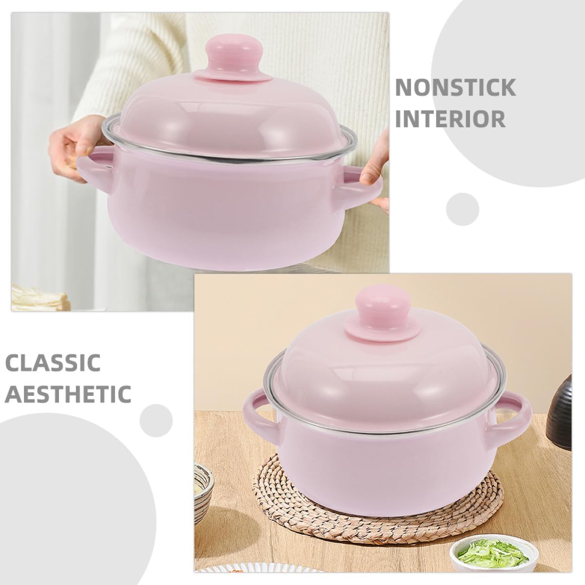Enamel Stockpot with Lid 1.7l Thickened Traditional Nonstick Soup Pot Double Handles Retro Pink Cooking Pot for Stews and Soups Suitable for Stovetop Use