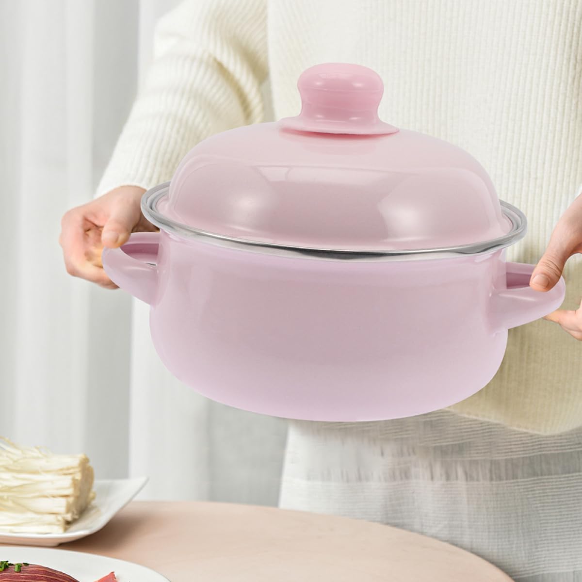 Enamel Stockpot with Lid 1.7l Thickened Traditional Nonstick Soup Pot Double Handles Retro Pink Cooking Pot for Stews and Soups Suitable for Stovetop Use