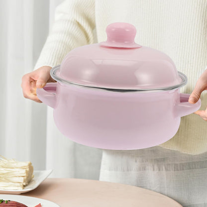 Enamel Stockpot with Lid 1.7l Thickened Traditional Nonstick Soup Pot Double Handles Retro Pink Cooking Pot for Stews and Soups Suitable for Stovetop Use