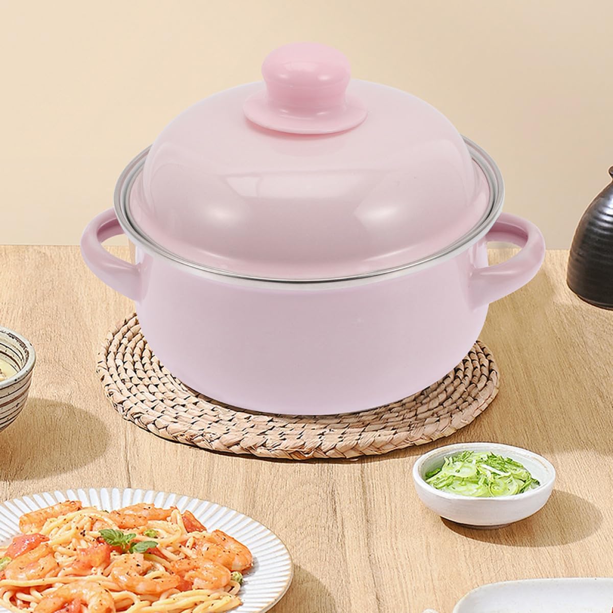 Enamel Stockpot with Lid 1.7l Thickened Traditional Nonstick Soup Pot Double Handles Retro Pink Cooking Pot for Stews and Soups Suitable for Stovetop Use