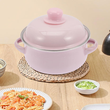 Enamel Stockpot with Lid 1.7l Thickened Traditional Nonstick Soup Pot Double Handles Retro Pink Cooking Pot for Stews and Soups Suitable for Stovetop Use