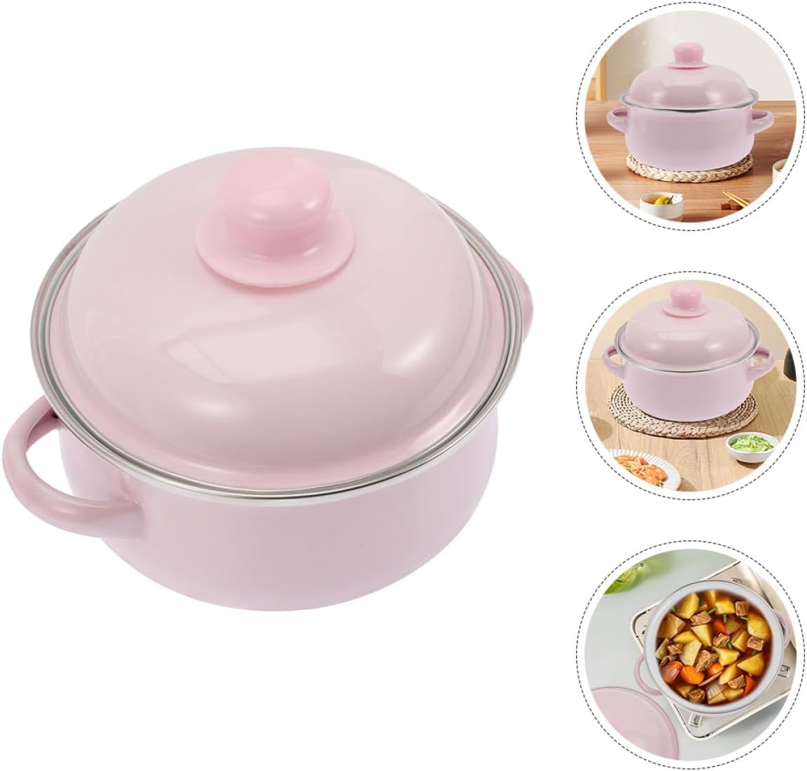 Enamel Stockpot with Lid 1.7l Thickened Traditional Nonstick Soup Pot Double Handles Retro Pink Cooking Pot for Stews and Soups Suitable for Stovetop Use