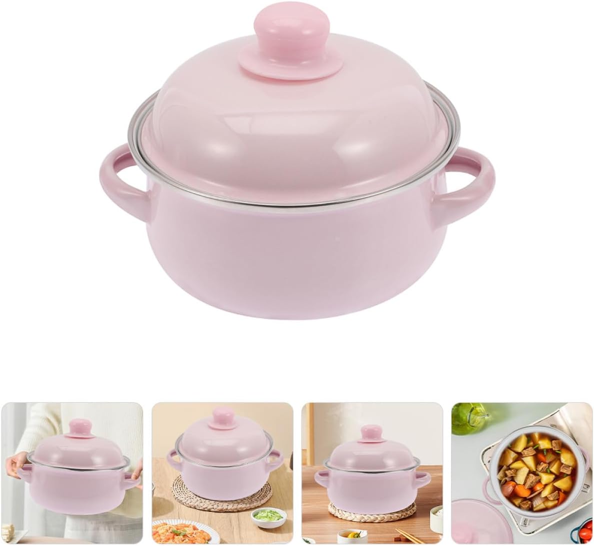 Enamel Stockpot with Lid 1.7l Thickened Traditional Nonstick Soup Pot Double Handles Retro Pink Cooking Pot for Stews and Soups Suitable for Stovetop Use